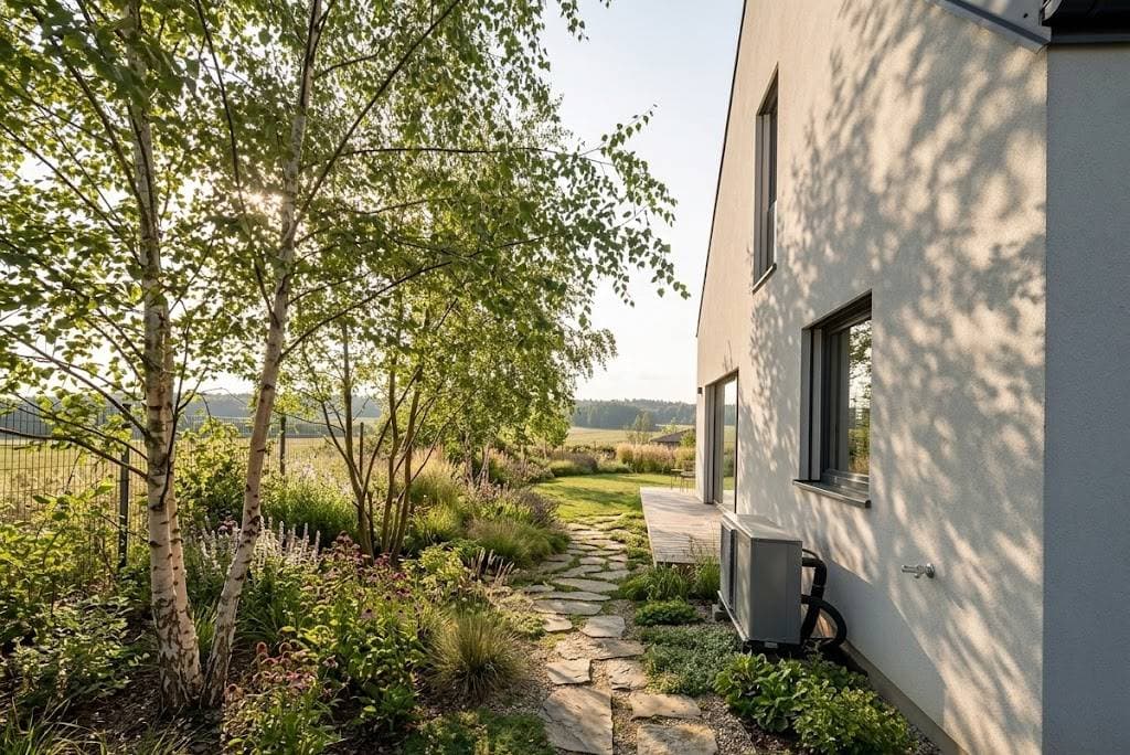 The same yard with a new garden design: birch trees, flowering beds, and a stone path